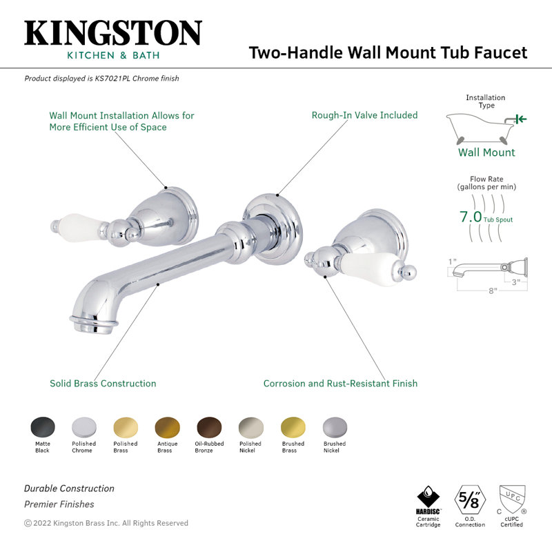Kingston Brass English Vintage Two-Handle 3-Hole Wall Mount Roman Tub Faucet, Oil Rubbed Bronze