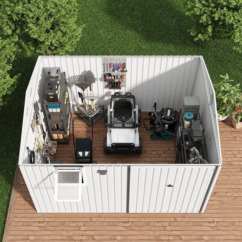 Remise de rangement extérieure en métal galvanisé 10 x 8 pi avec fenêtre escamotable, lumière DEL, panneau perforé, évents, portes verrouillables