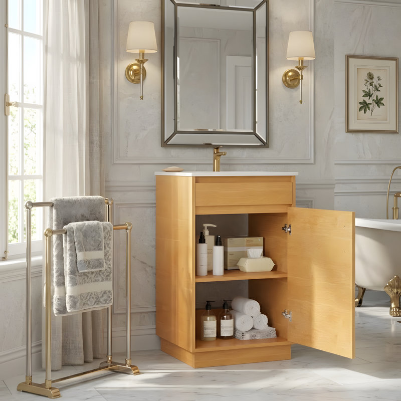 Ensemble de meuble-lavabo sur pied 20 po avec lavabo en céramique, ensemble de meuble-lavabo simple autoportant avec porte à fermeture douce, tablette réglable, style maison de campagne, bois naturel.