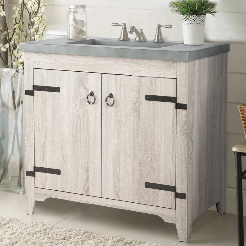 Sia 36'' Single Bathroom Vanity with Stone Top, Light Grey Wood Grain, Cement
