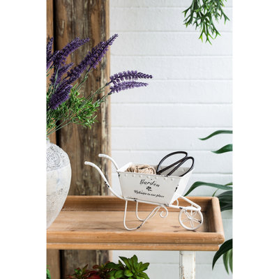 4 po de largeur, métal blanc, jardinière brouette patinée, arrangement de table, faux plantes profondes, décor de tablettes, plantes grasses