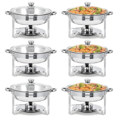 Round Stainless Steel Chafing Dish Set with Glass Lids – 6-Piece Buffet Food Warmer for Parties, Weddings & Catering