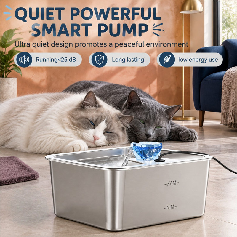 10L Stainless Steel Automatic Pet Fountain for multi-pet homes, supplied with 4 filters and featuring an ultra-quiet pump with circulating water flow.