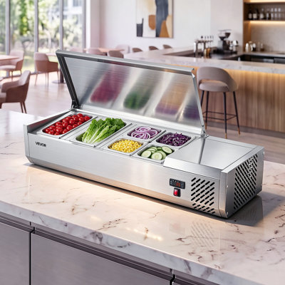 Unité de préparation de comptoir réfrigérée pour préparation de condiments 22 pte ETL, pour bar à salade commercial, 160 W, avec 2 casseroles 1/3 et 4 x 1/6, dégivrage automatique, contrôle de la température, couvercle en acier inoxydable