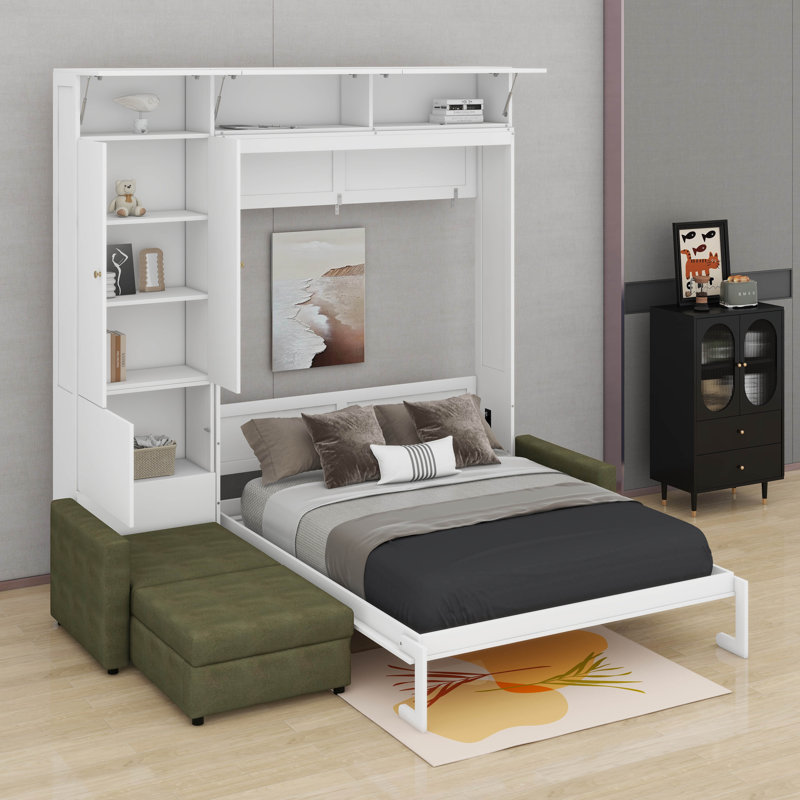 Grand lit escamotable avec canapé et tablettes, Blanc/vert
