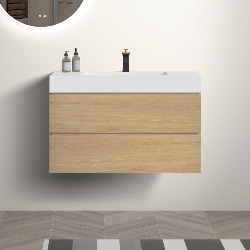 Meuble-lavabo mural de 91 cm (36 po) - Chêne, lavabo noir, rangements supplémentaires, lavabo intégré, fonctionnalité optimale