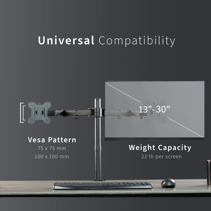 Black Adjustable Dual Monitor Desk Mount with Steel and Aluminum