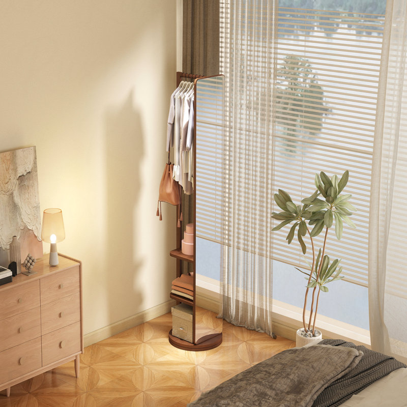 69"X16" 360掳 Rotating Solid Wood Full-Length Accent Mirror - Hook Storage Rack Coat Rack, 68.8" x 19.69", Brown