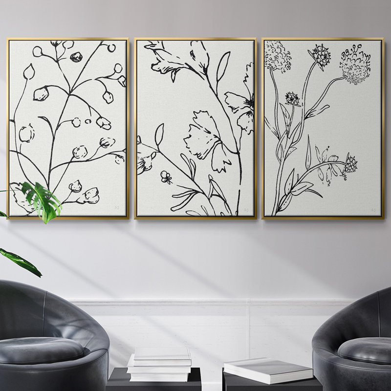 Botanical S Croquis I - Ensemble de 3 cadres photo sur toile, Or, H 36 po x l 72 po