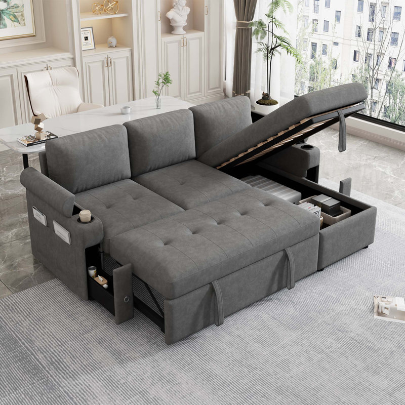 83.5" L-Shaped Sofa Couch Convertible Sofa Bed Sectional Sofa With Ample Storage Space, Two Cup Holders And Two USB Ports For Living Room