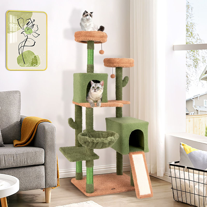 160 cm Tall Modern Cat Tree Green Cactus Cat Tower w/Hammock