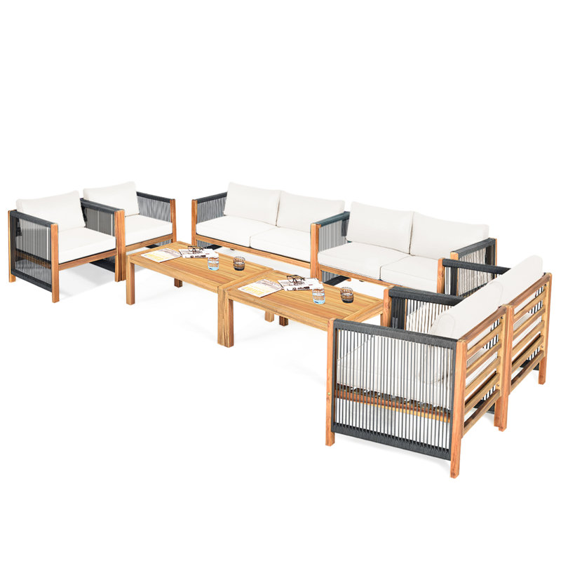 Ensemble de conversation avec canapé en bois d'acacia et coussins Kirwan, Blanc, 24 pièces
