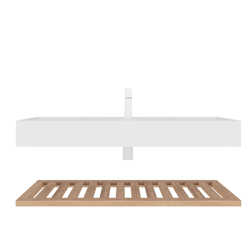 Lavabo-vasque de meuble-lavabo 48 po, lavabo flottant en acrylique. Design rectangulaire blanc. Aspect bois naturel. Tablettes de rangement. Installation simple avec lavabo. Lavabo rectangulaire. Disponible. Méthode