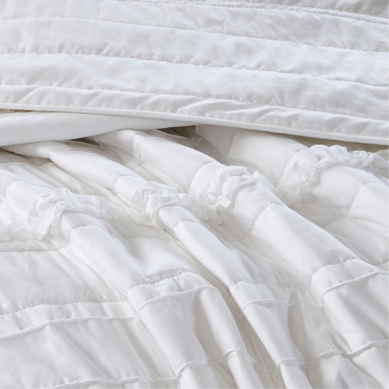 4 Piece Microfiber Reversible Ruffle Quilt Set With Throw Pillow White, Full Quilt + 3 Additional Pieces