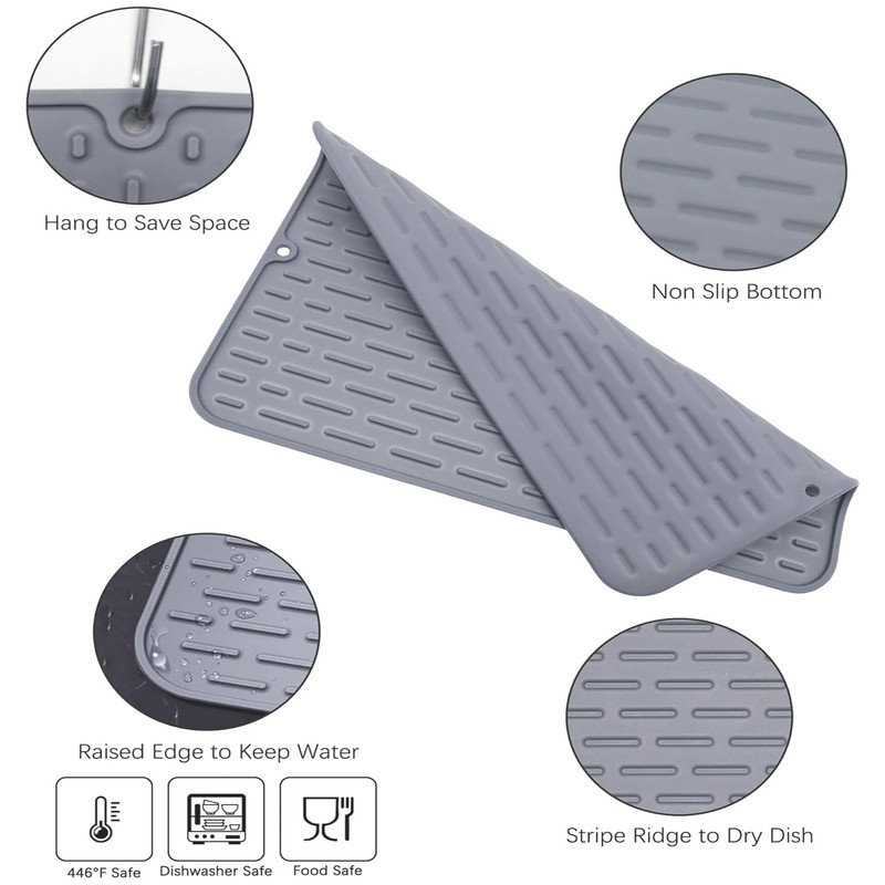 Light Grey Countertop Sink,Mat Silicone Dish Drying Mat Set of 2 - Extral Large, 0.1" H x 15" W x 10" D