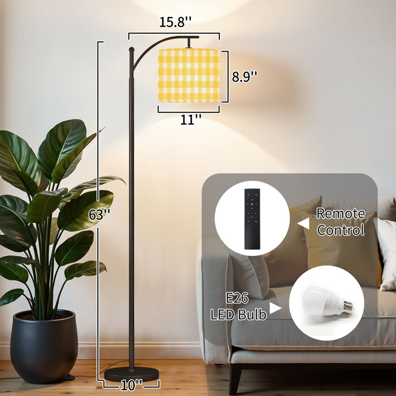 Lampe sur pied à arc avec abat-jour ajustable Lampe sur pied à carreaux vichy jaune citron et 3 températures de couleur à intensité variable avec interrupteur au pied pour chambre à coucher