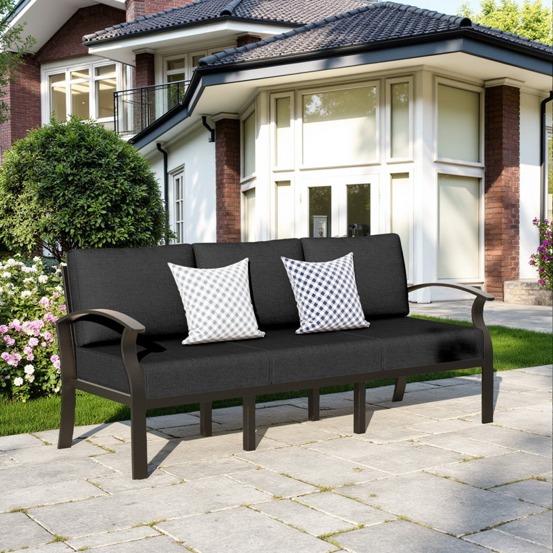 Mcknight 76'' Outdoor Aluminum Patio Sofa with Angled Backrest, Curved Armrests & Reinforced Support Legs, Dark Gray