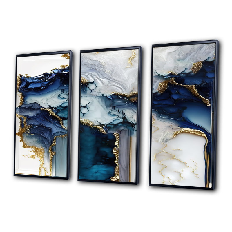 Géode abstraite, marbre blanc et bleu I - 3 pièces, Cadre flottant noir, H 28 po x l 36 po x P 1 po