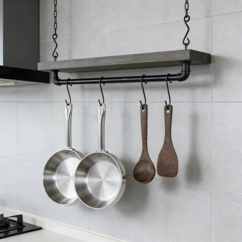 Support à casseroles industriel avec tablette - Organisateur de cuisine mural ou de plafond pour batterie de cuisine et ustensiles, comprenant 8 crochets en S pour un rangement peu encombrant