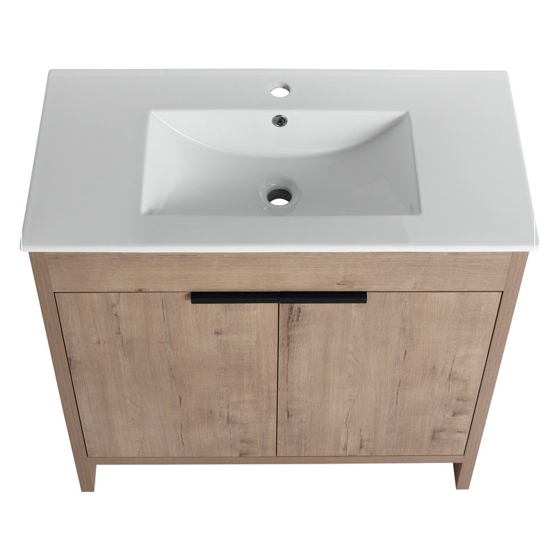Meuble-lavabo autoportant 36 po avec lavabo en céramique blanche et 2 portes d'armoire à fermeture en douceur