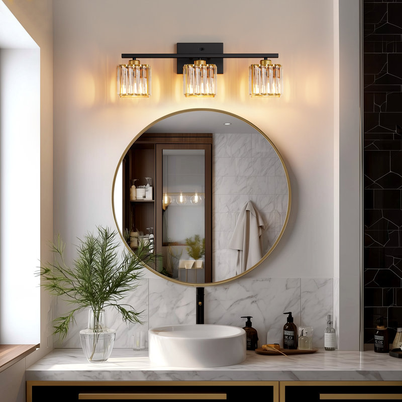 24'' 3 Light Gold Dimmable Vanity Light With Crystal Glass Shade, Gold