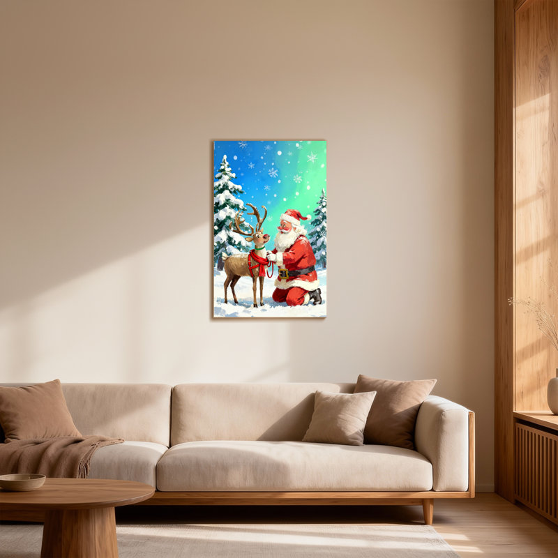 Noël père Noël avec renne dans la forêt enneigée