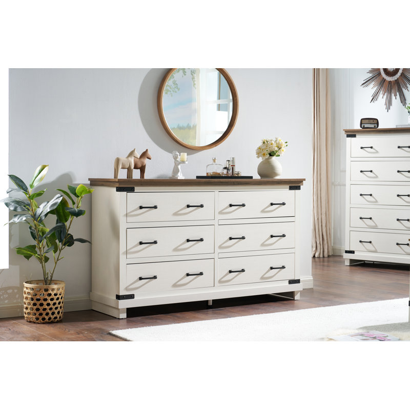 Commode 6 tiroirs Quan, Blanc / Brun