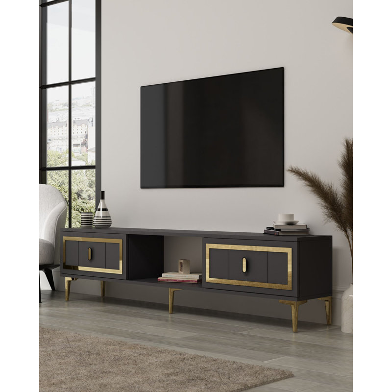 Meuble télé moderne avec possibilité de fixation murale, couleur anthracite et or, 59,1 po x 17,6 po x 11,6 po | 100% panneau de particules enduit de mélamine, épaisseur: 0,7 pouce | Design élégant pour le salon et les espaces de divertissement