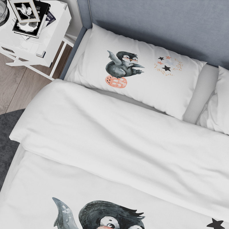 Petit pingouin avec étoiles et planètes II - Ensemble de housse de couette Farmhouse - Microfibre de polyester