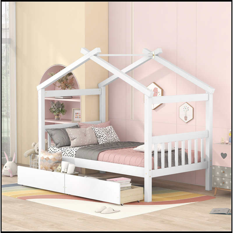 Lit en bois avec tiroirs, Blanc