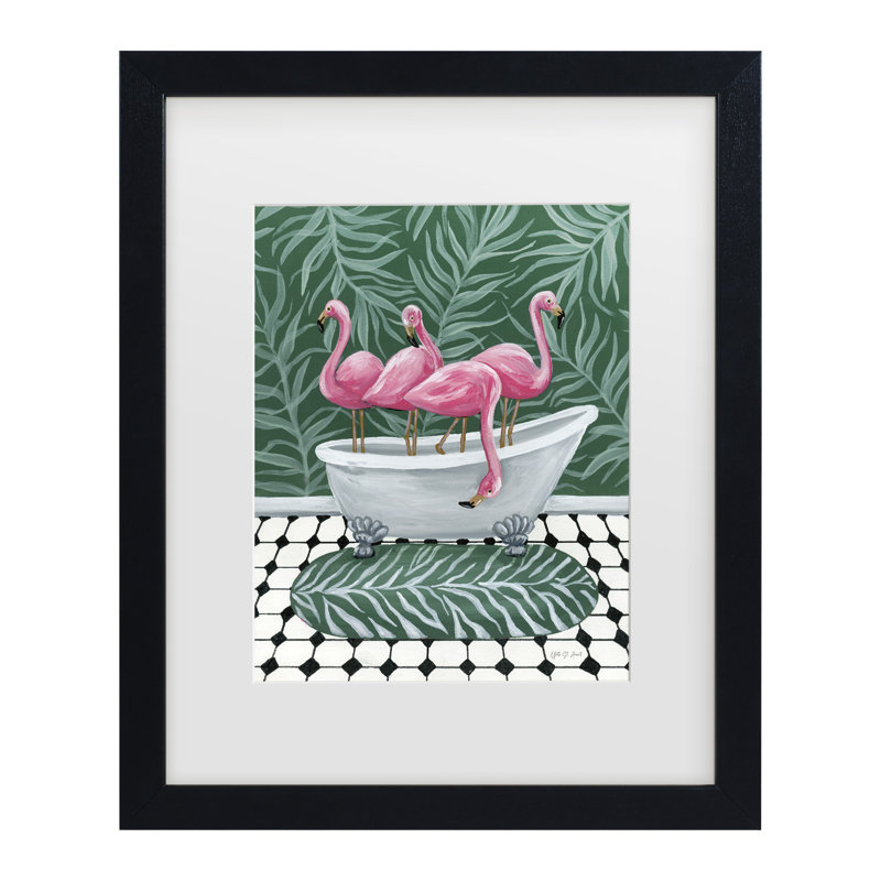 «Flamants roses dans la baignoire», H 13 po x l 16 po, Cadre noir