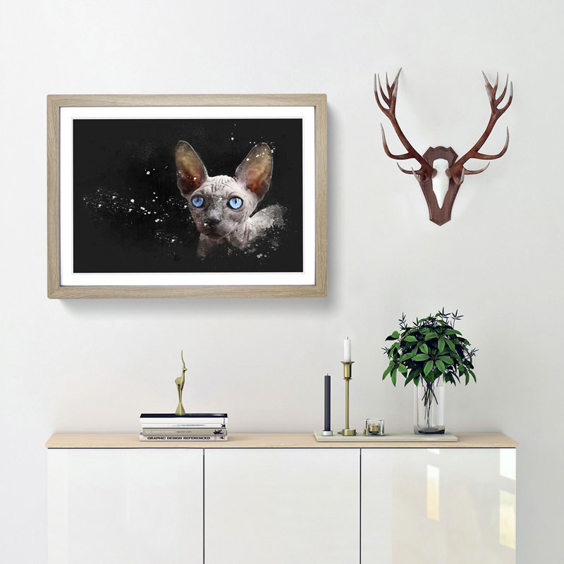 Blue Eyed Sphynx Cat - Single Picture Frame Painting on MDF, 45cm H x 63cm W x 2cm D, Oak Framed