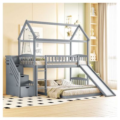 Lit superposé simple au-dessus d'une chambre double avec glissière et escalier de rangement, structure en bois massif gris