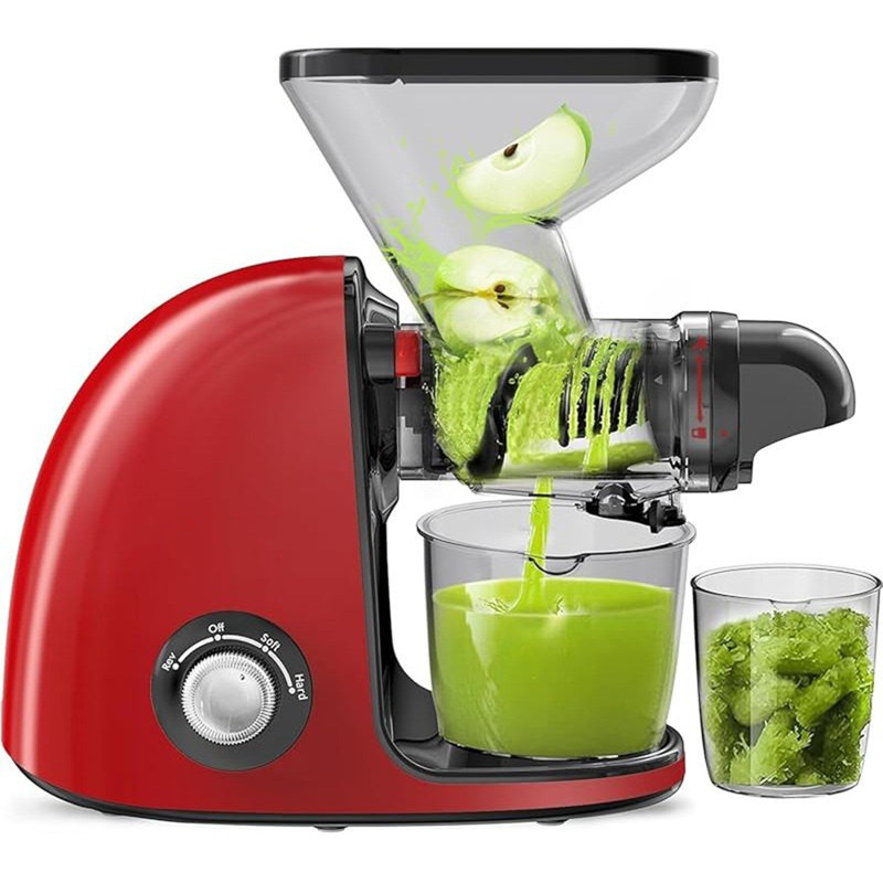Cold Press Juicer Machine, Dual Wide Mouth Slow Masticating Juicer for Whole Fruits & Vegetables, Soft/Hard Modes, Easy Clean, Red