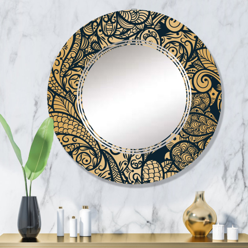 Miroir mural rond jaune à motif cachemire jaune, 32 po x 32 po
