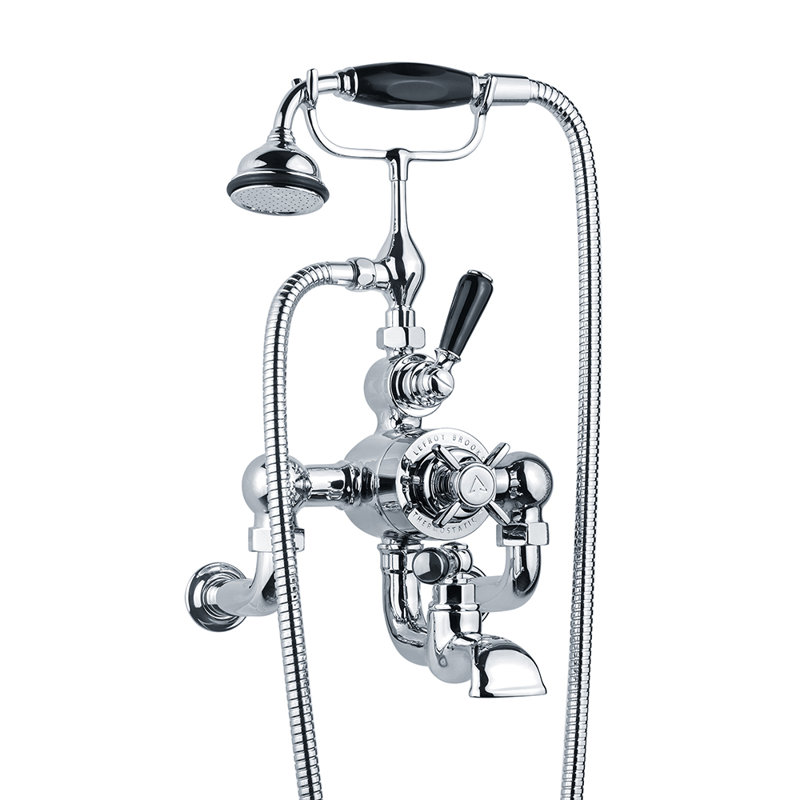 Classic Black Double Handle Thermostatic Bath/Shower Mixer with Tub Faucet and Handshower, Polished Chrome, Wall Mounted