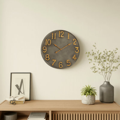 Industrial Metal Wall Clock With Antiqued Raised Numerals, 19.75 Inches