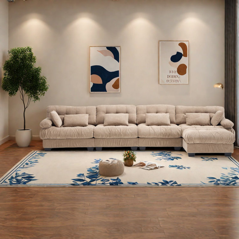 Spacieux canapé modulaire à assise profonde, salon en L moderne à structure en bois