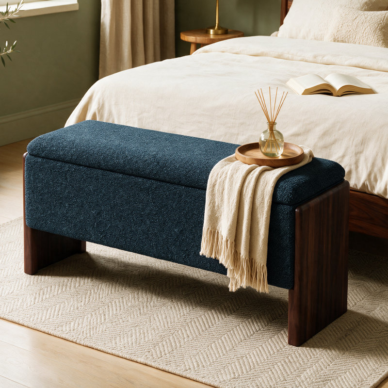Banc de rangement rembourré bouclé de 42,5 pouces avec pieds en bois massif, Bleu