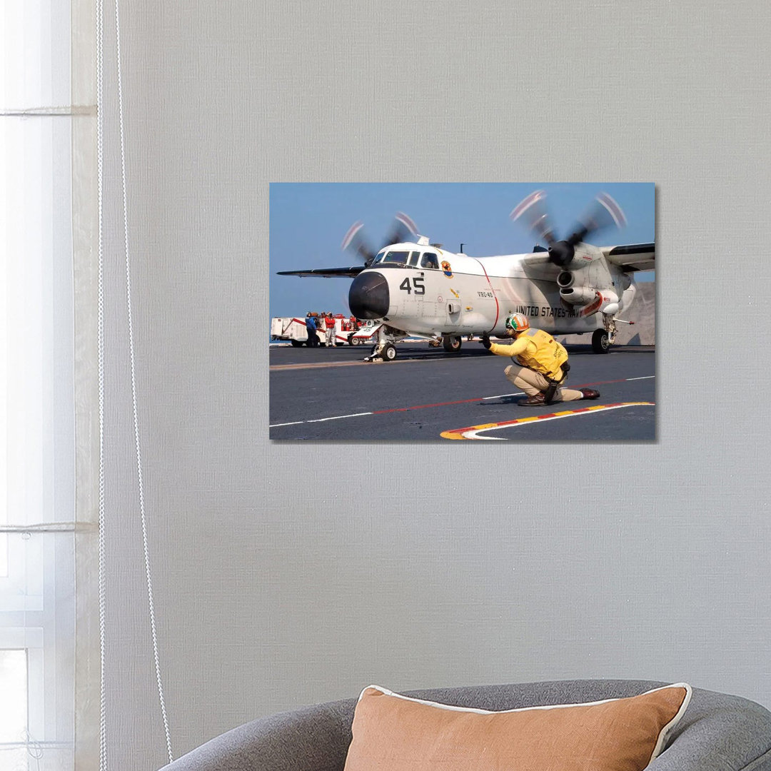 Signalman Gives The Launch Signal To A C-2A Greyhound von Stocktrek Images - Gallery-Wrapped Canvas Giclée on Canvas