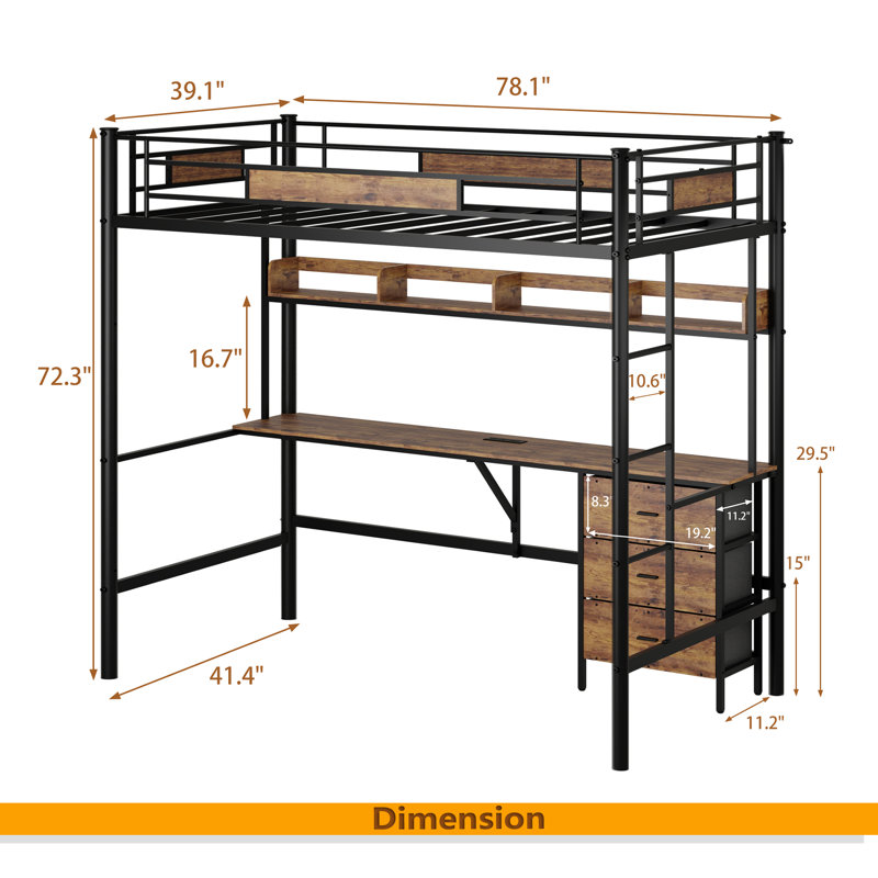 Loft Bed Twin Size With L-Shaped Desk, Charging Station, Twin Metal Loft Bed Frame With Fabric Drawers & Shelve, Safety Guardrail, No Box Spring Needed