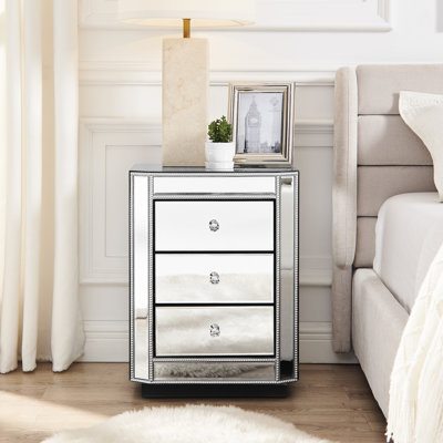 3 - Drawer Mirrored Side Table For Bedroom And Entryway, Smooth Slides Round Faceted , 17.7"w X 13.8"d 23.6"h, Reflective Finish Bedside With Drawers, American Style Design Bedroom, Silver Trim
