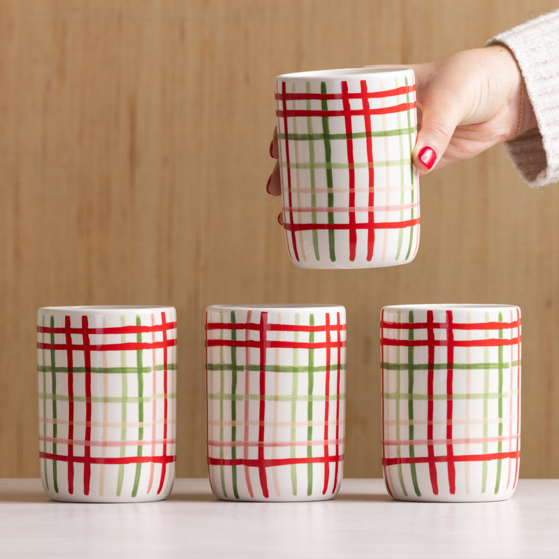 Ensemble de 4 gobelets à carreaux en céramique - Verres colorés pour Noël - Décoration de table 13,5 oz pour l'intérieur