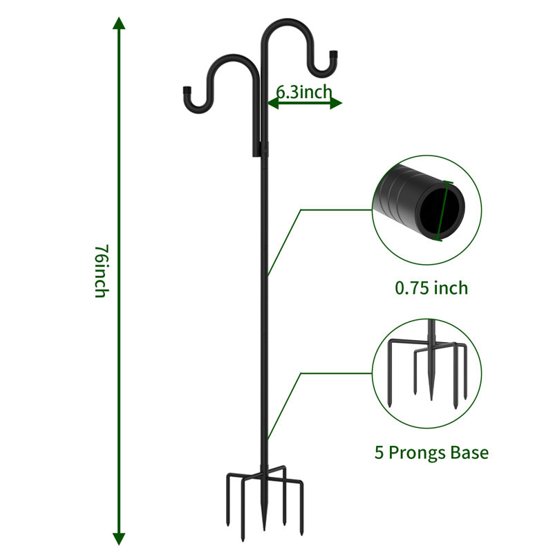 Double Shepherds Hooks For Outdoor, Bird Feeder Pole With 5 Prongs Base,Wind Chime And Hummingbird Feeder, 76 Inch, 2 Pack