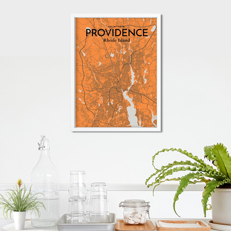 Providence, carte de la ville, impression, Orange et gris, H 24 po x l 18 po