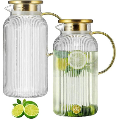 Pichet en verre 2 pièces avec couvercle, pichet à eau à rayures verticales 68 oz / 2 litres, carafe d'eau froide, café, limonade, thé glacé, boisson, lait, résistant à la chaleur