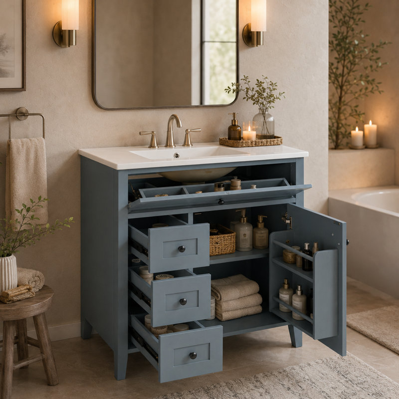 Meuble-lavabo sur pied bleu-gris de 30 po, armoire en composite de bois massif avec lavabo, trois tiroirs et tablettes réglables pour le rangement.