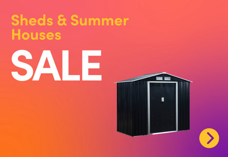 Sheds and Summer Houses sale featuring a black metal garden shed on a vibrant orange and purple gradient background.