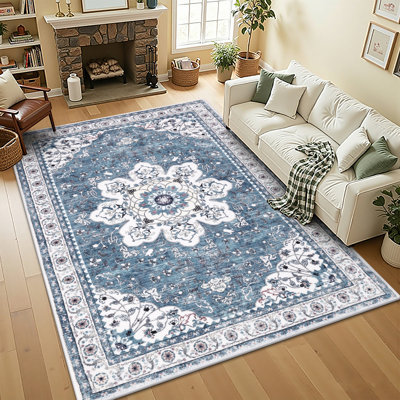 Machine Washable Non-Slip Blue Oriental Area Rug
