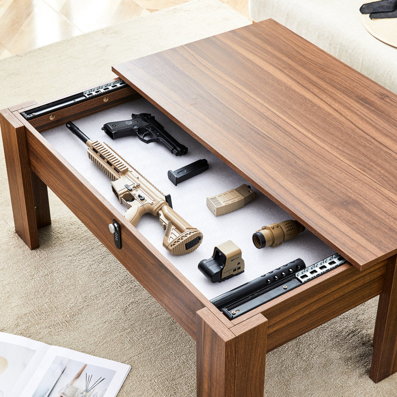 Table basse verrouillable pour armes à feu et bouteilles de vin - 39,3 x 21,6 x 16,6 po, rangement de couleur noyer avec tiroir verrouillé pour garder les armes à feu en toute sécurité, aspect 39,3 x 21,6 x 16,6